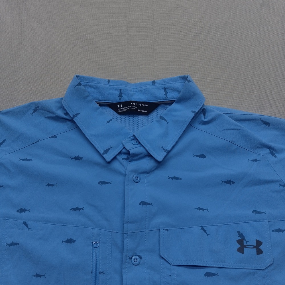 Under Armour Mens XXL Tide Chaser Fish Print Fishing Shirt Blue HeatGear 0335
